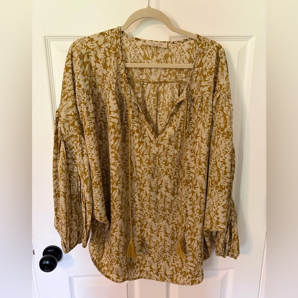 Boho Floral Split-Neck Blouse in Mustard